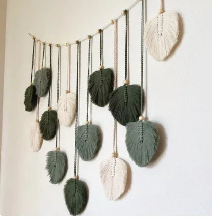 5x green leaf garland, plant, macrame wall art, bohemian home decor, above-bed decor, mid-century modern, and living room wall decor